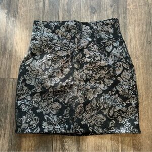 H&M Shimmering Silver Metallic High Waisted Black Floral Mini Skirt Size 6